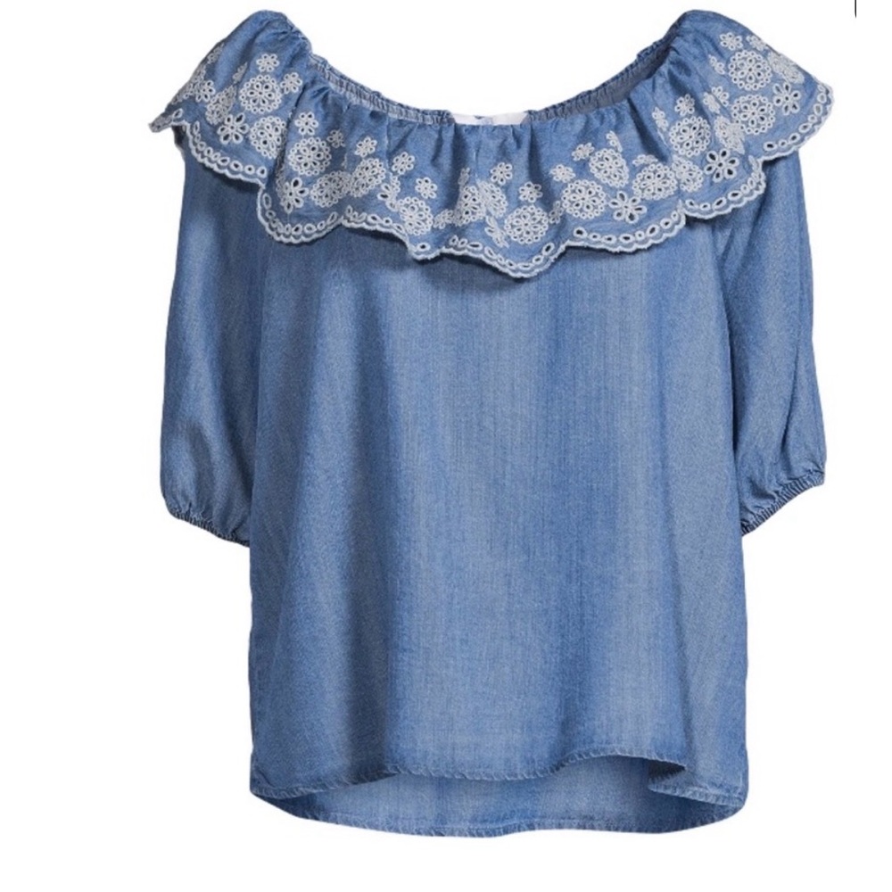 Time & Tru‎ Ruffle Chambray Blouse Size XL 16-18 Blue 3/4 Sleeves Pullover Top